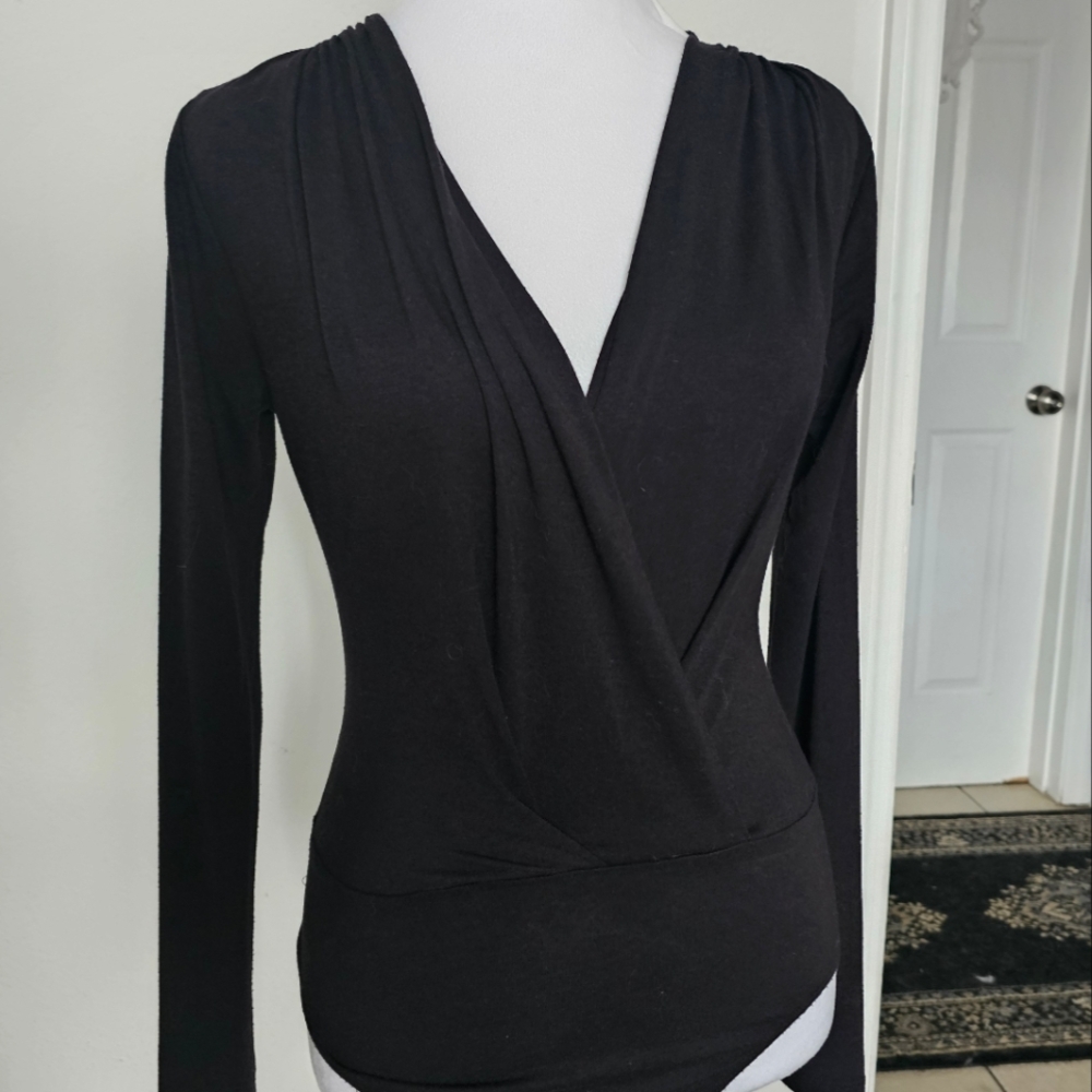 Elegant Black Women's Plunge Long Sleeve Wrap Bodysuit Size Small